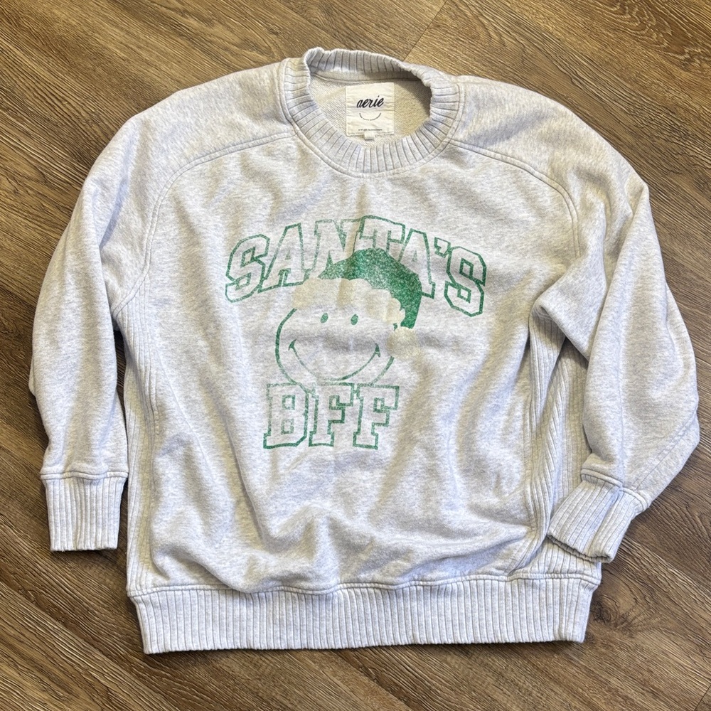 Aerie Gray Santa's BFF Crew Neck Sweater